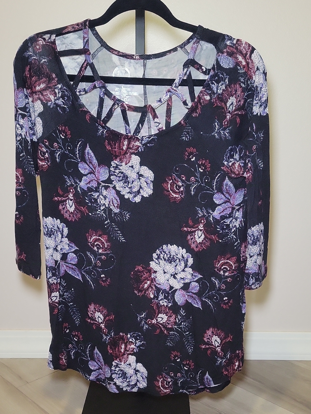 Maurices Black Long Sleeve Floral Top with Lattice Neck